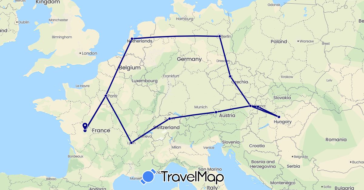 TravelMap itinerary: driving in Austria, Switzerland, Czech Republic, Germany, France, Hungary, Netherlands, Slovakia (Europe)
